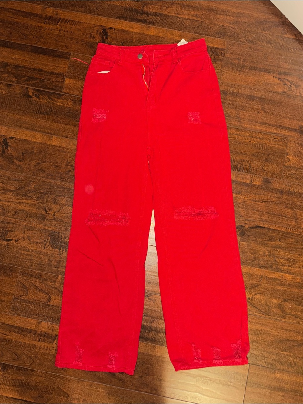 Bright Red Distressed Wide-Leg Jeans